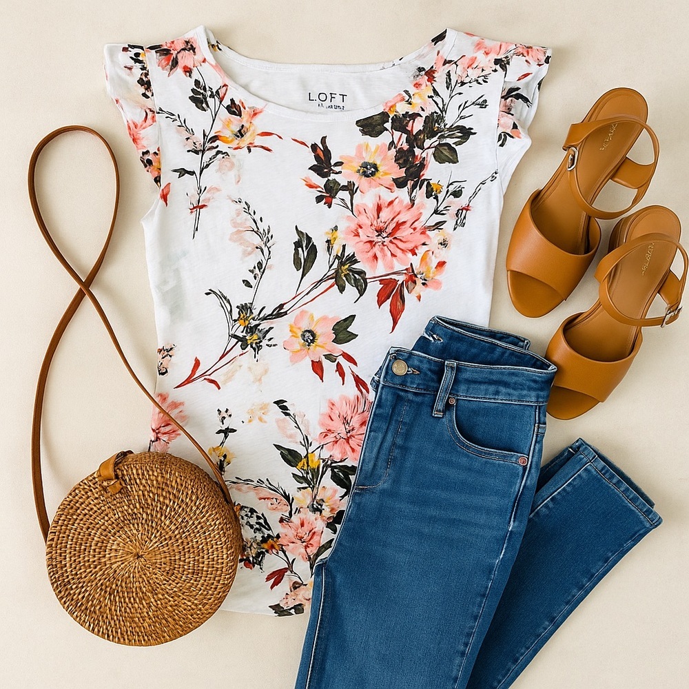 Ann Taylor LOFT Vintage | Soft Floral Ruffle Sleeve Tee (100% Cotton) - Picture 8 of 8